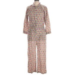 Le Bazar Coastal Jumpsuit L Grey Floral Block Print Cotton Boho Wide Leg